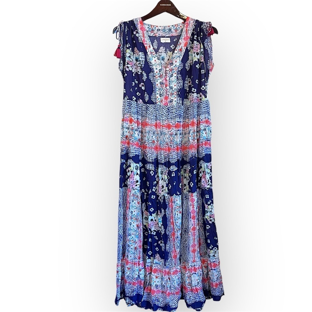 LulaSoul bohemian maxi dress cover-up, sheer, colorful sun dress, XS oversized